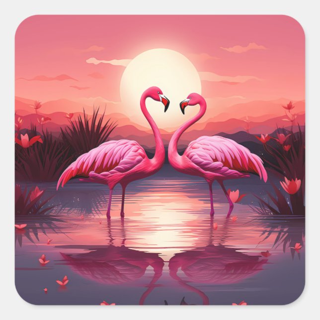 Sticker Carré Flamants roses roses au coucher du soleil (Devant)