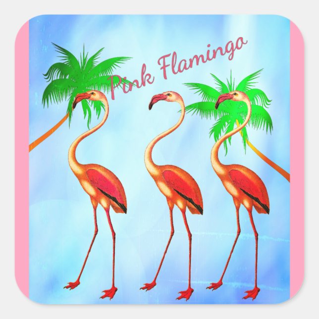 Sticker Carré Flamants roses roses funky Palm Trees Ciel bleu (Devant)