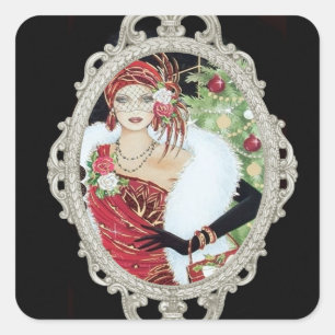 Sticker Carré Flamme de Noël Fille éblouissante Robe rouge et or