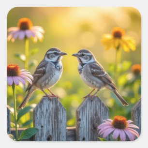 Sticker Carré Flèches et fleurs de cônes par une clôture en bois