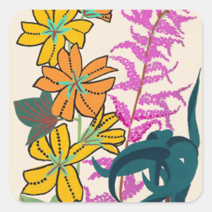 Sticker Carré Fleur Art Déco vibrante magenta et orange