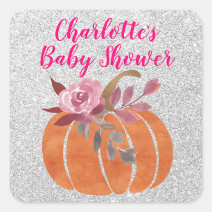 Sticker Carré Fleur Automne Floral Citrouille Baby Shower Rose A