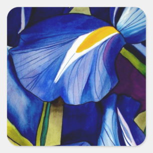 Sticker Carré Fleur bleue Iris peinture originale aquarelle