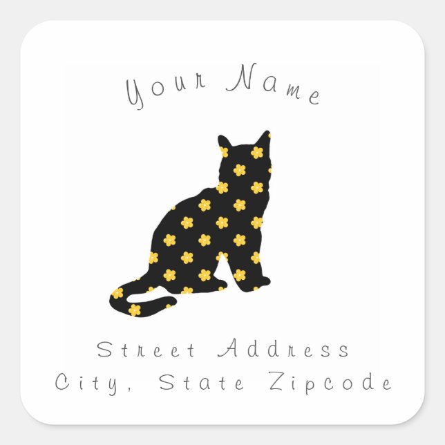 Sticker Carré Fleur d'aquarelle noire jaune Motif Kitty (Devant)