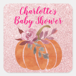 Sticker Carré Fleur d'automne Floral Citrouille Baby Shower Rose