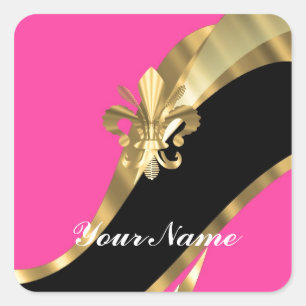 Sticker Carré Fleur de lys rose et or chaud