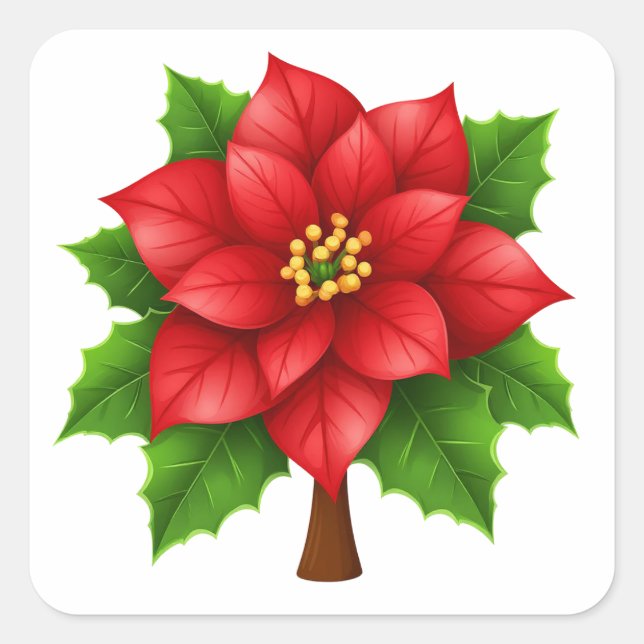 Sticker Carré Fleur de Poinsettie Rouge Vibrante avec Feuilles v (Devant)
