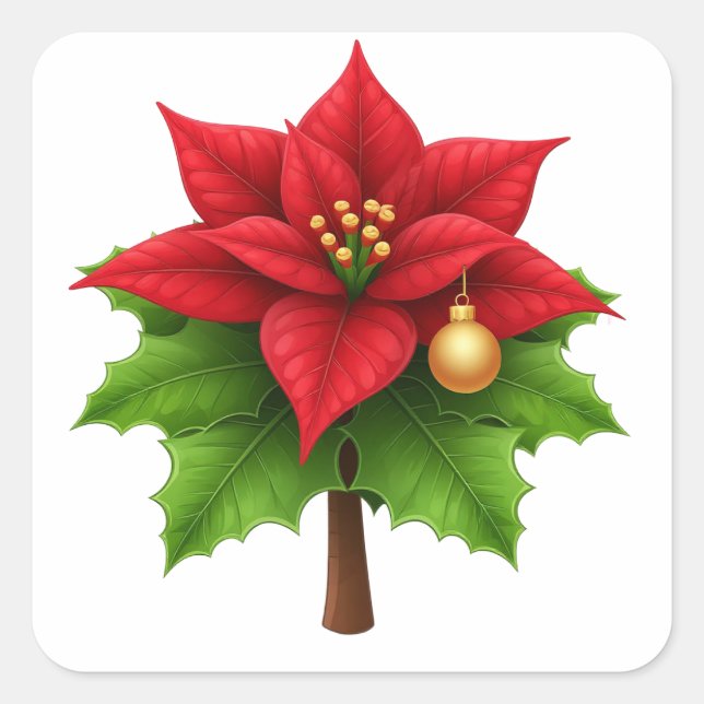 Sticker Carré Fleur de Poinsettie Rouge Vibrante avec Feuilles v (Devant)