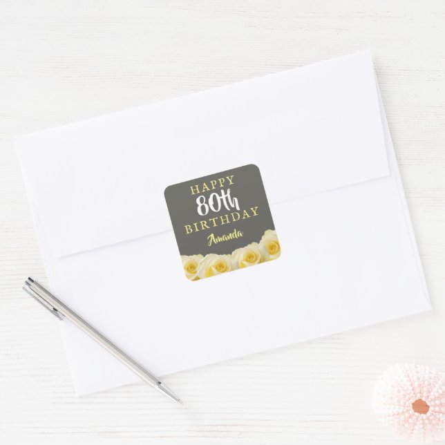 Sticker Carré Fleur de rose jaune 80e anniversaire (Enveloppe)