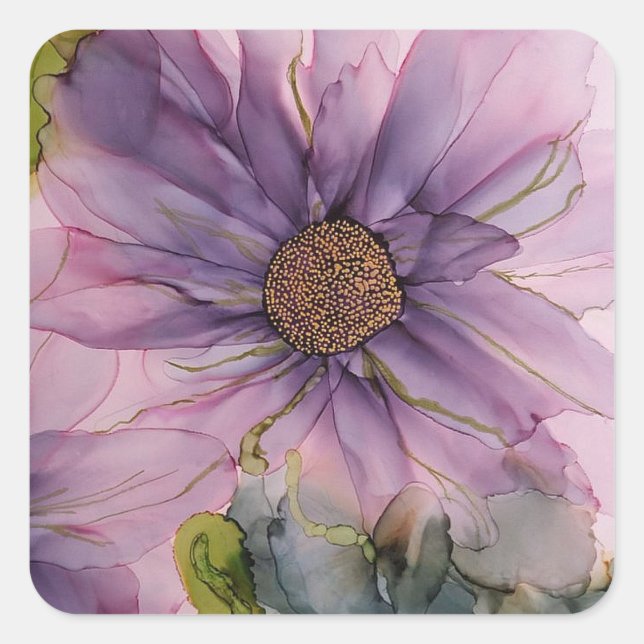Sticker Carré fleur d'encre d'alcool rose et violet (Devant)