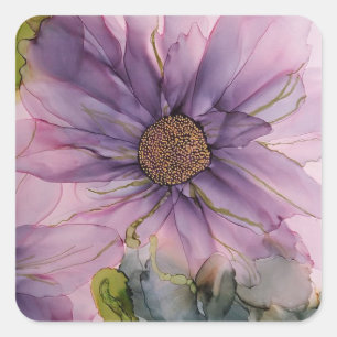Sticker Carré fleur d'encre d'alcool rose et violet