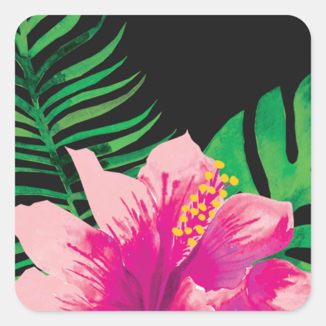Sticker Carré Fleur d'Hibiscus rose et Feuilles tropicaux (Devant)