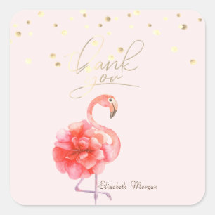 Sticker Carré Fleur Flamant rose rose, Merci Confetti Or