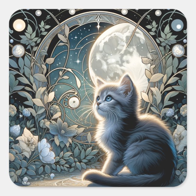Sticker Carré Fleur lunaire Art Nouveau Kitten (Devant)