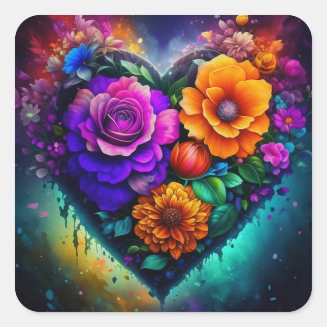 Sticker Carré Fleur plein coeur Saint Valentin (Devant)