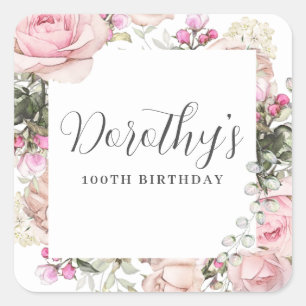 Sticker Carré Fleur rose 100e fête d'anniversaire Personnalisé F
