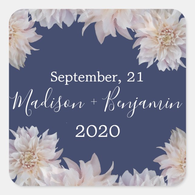 Sticker Carré Fleur rose Dahlia bleu foncé Mariage Date (Devant)