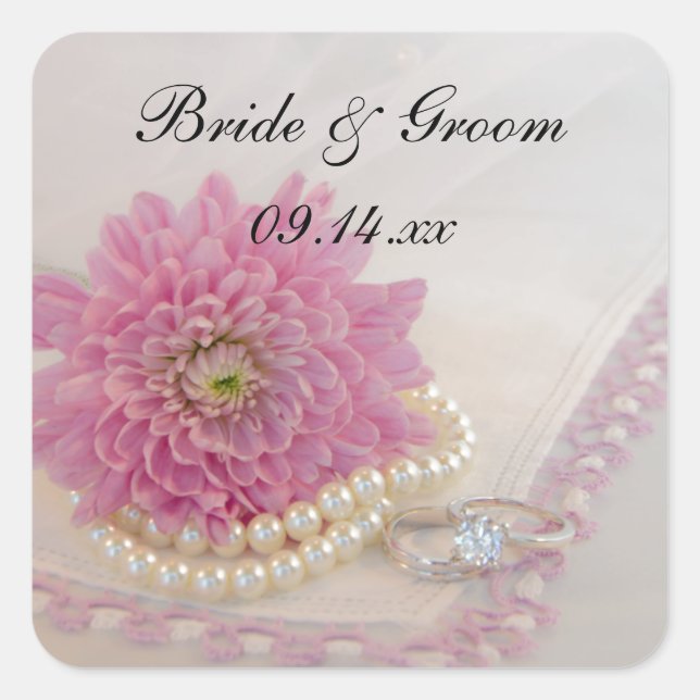 Sticker Carré Fleur rose, dentelle et anneaux Mariage Enveloppe  (Devant)