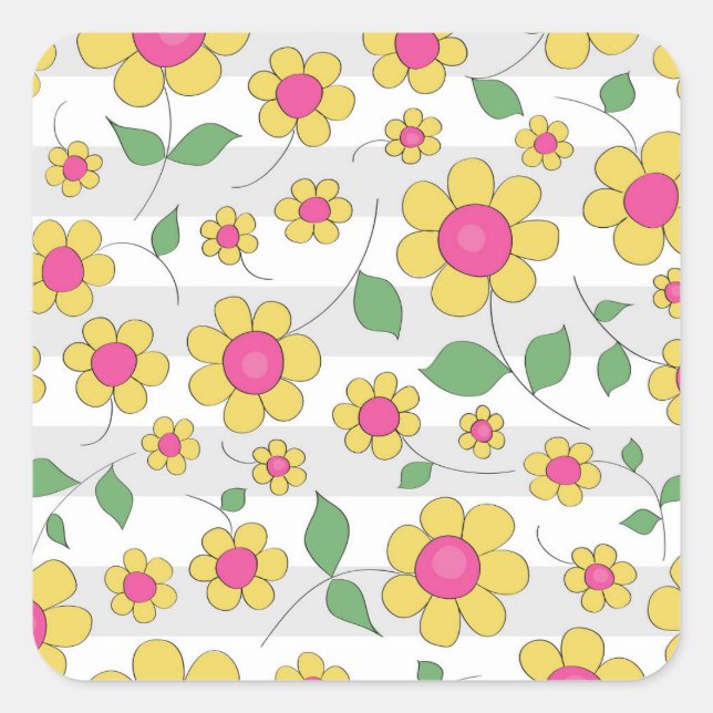 Sticker Carré Fleur rose jaune marguerite printemps enfants grib (Devant)