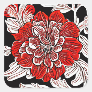 Sticker Carré Fleur rouge noir et blanc Art Nouveau