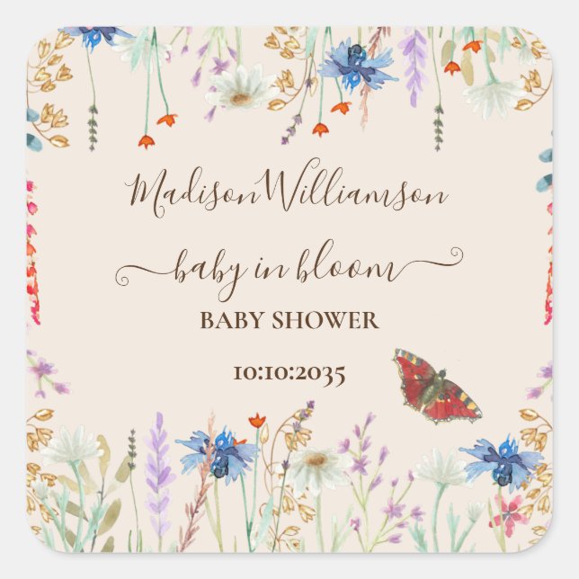 Sticker Carré Fleur sauvage Baby in Baby in florom Baby shower (Devant)