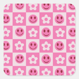 Sticker Carré Fleurs à carreaux et visages heureux rose