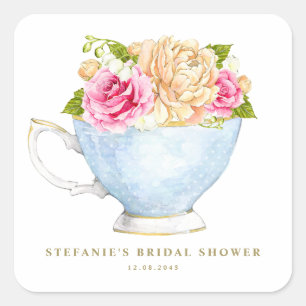 Sticker Carré Fleurs à l'aquarelle dans une tasse de thé pour un