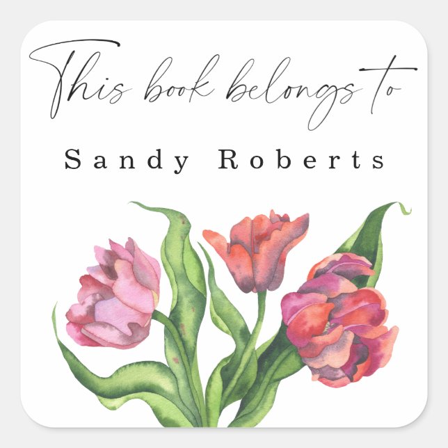 Sticker Carré Fleurs aquarelle - Ce livre appartient à (Devant)