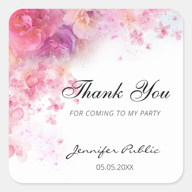 Sticker Carré Fleurs Aquarelle Merci Modèle de Texte Manuscrit (Devant)