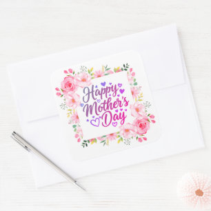 Sticker Carré Fleurs Aquarelle Rose "Joyeuse Fête des Mères"