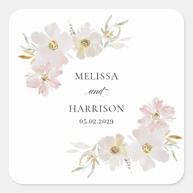 Sticker Carré Fleurs aquarelles crème et rose  (Devant)