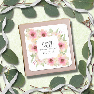 Sticker Carré Fleurs aquarelles rose tendre Merci