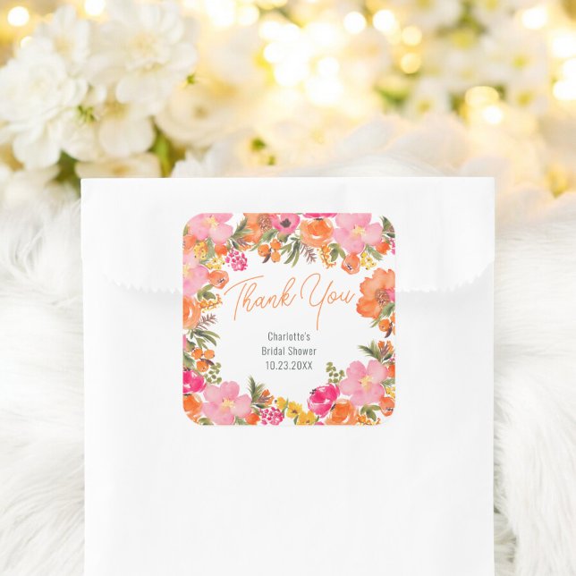 Sticker Carré Fleurs audacieuses modernes merci douche nuptiale (Modern bold flowers thank you bridal shower square sticker)