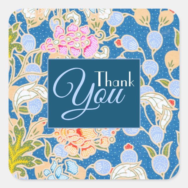 Sticker Carré  Fleurs Batik Arrière - plan bleu Merci  (Devant)