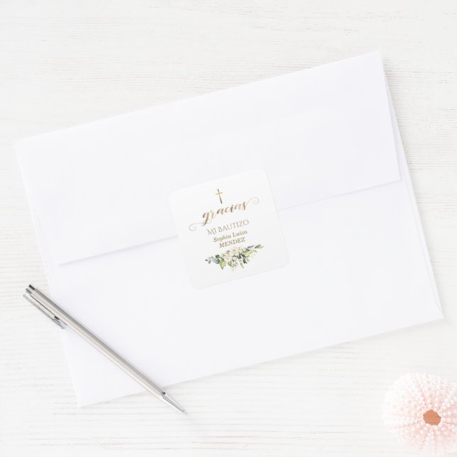 Sticker Carré Fleurs blanches espagnoles Gracias Calligraphie Ba (Enveloppe)