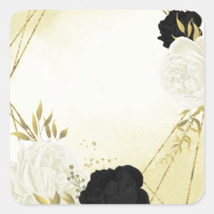 Sticker Carré fleurs blanches noires or feuille mariage