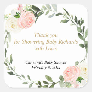 Sticker Carré Fleurs blanches verdure rose aquarelle élégante