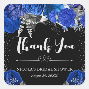 Sticker Carré Fleurs Bleu et Argent Aquarelle pour Baby Shower d