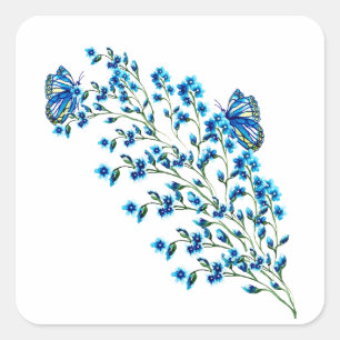 Sticker Carré Fleurs bleues délicates avec papillon