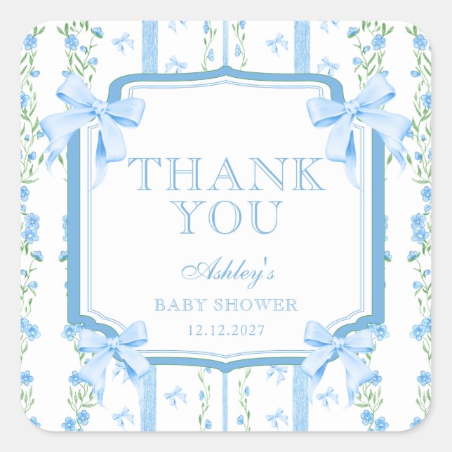 Sticker Carré Fleurs bleues et Bow Boy Baby shower Merci (Devant)