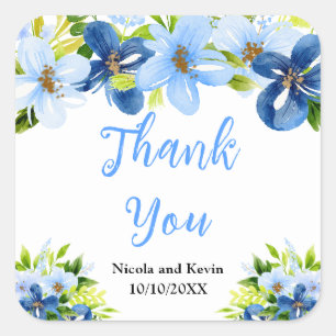 Sticker Carré Fleurs bleues et navy avec feuillage 