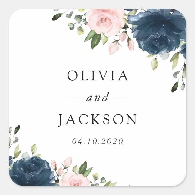 Sticker Carré Fleurs Bleues Marine, Fleurs Roses, Mariage Floral (Devant)