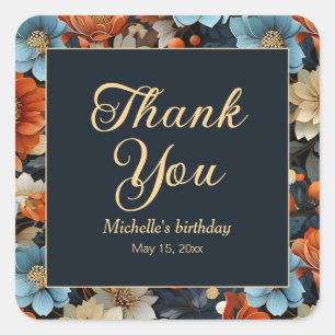 Sticker Carré Fleurs bleues orange Merci d'anniversaire noir