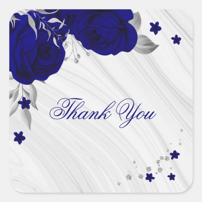 Sticker Carré fleurs bleues royales argent marbre feuille merci (Devant)