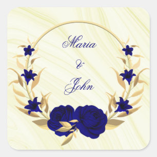 Sticker Carré fleurs bleues royales or feuilles couronnes marbre