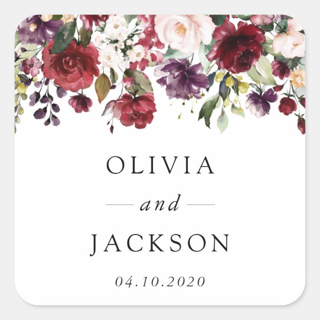 Sticker Carré Fleurs Bourgogne, Fleurs roses, Verdure, Mariage (Devant)