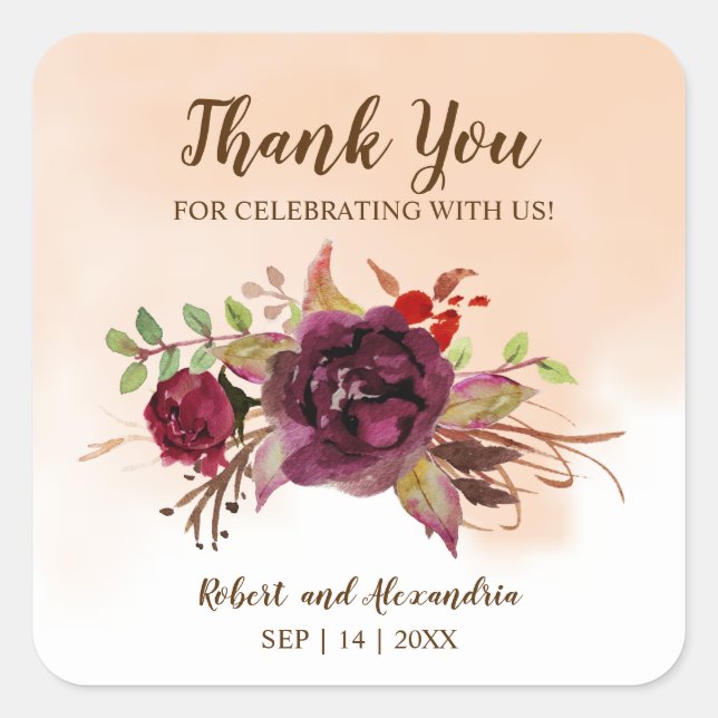 Sticker Carré Fleurs bourguignonnes | Merci pour le Mariage à ve (Devant)