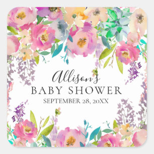 Sticker Carré Fleurs colorées Baby shower floral Enveloppe Sceau