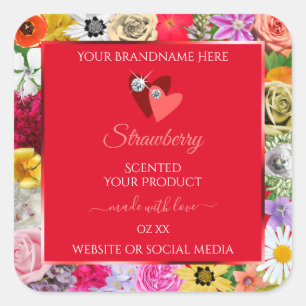 Sticker Carré Fleurs colorées Cadre Rouge Produit Coeurs Étiquet