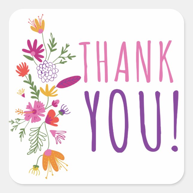 Sticker Carré Fleurs d'aquarelle en Merci rose et violet (Devant)